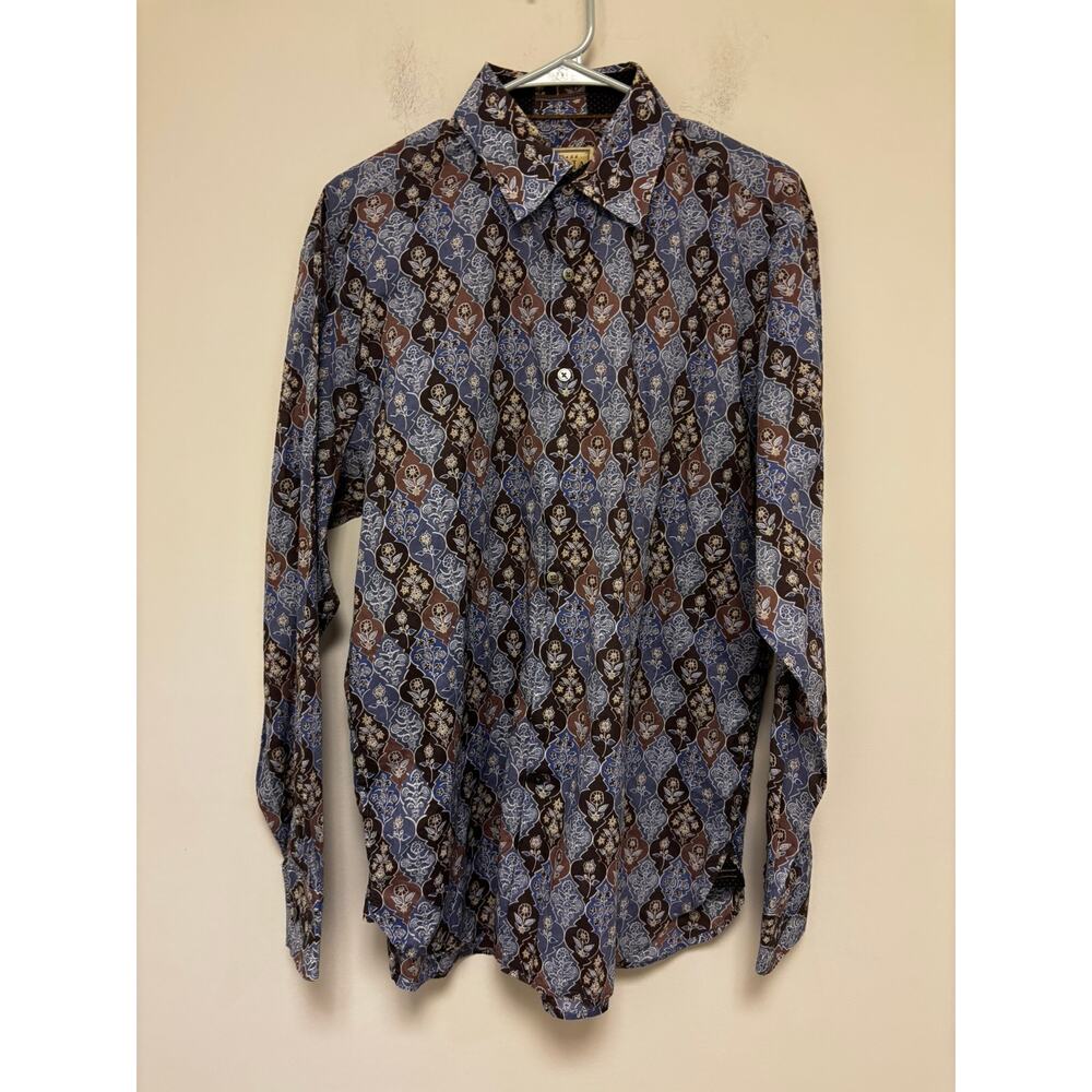 Vintage Italia Floral Blue Brown Long Sleeve Shirt Size Large